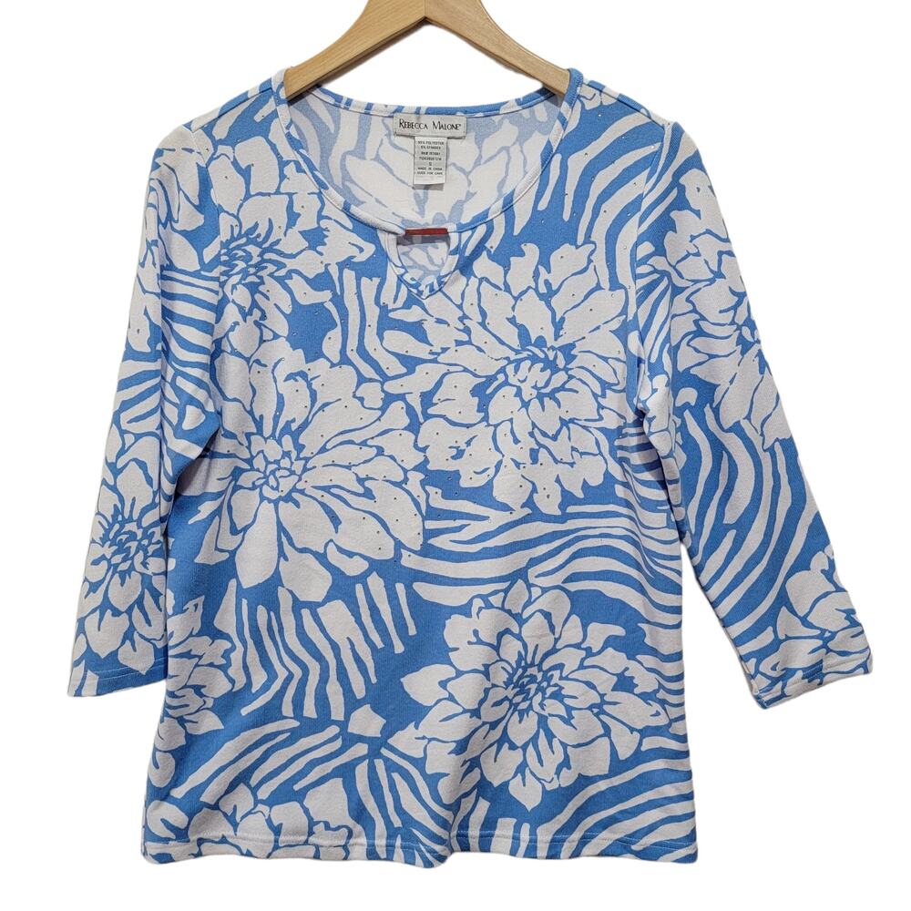 Rebecca Malone Womens Floral Top Rhinestones Gold Bar Detail Size Small NWT